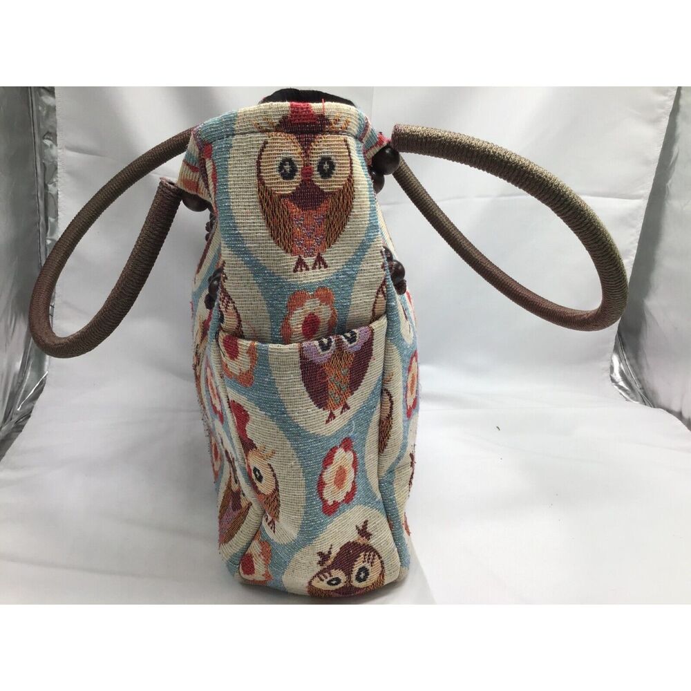 Owl Canvas Tote Handbag Zipper Lined Wooden Beads Shoulder Bag - Picture 3 of 10